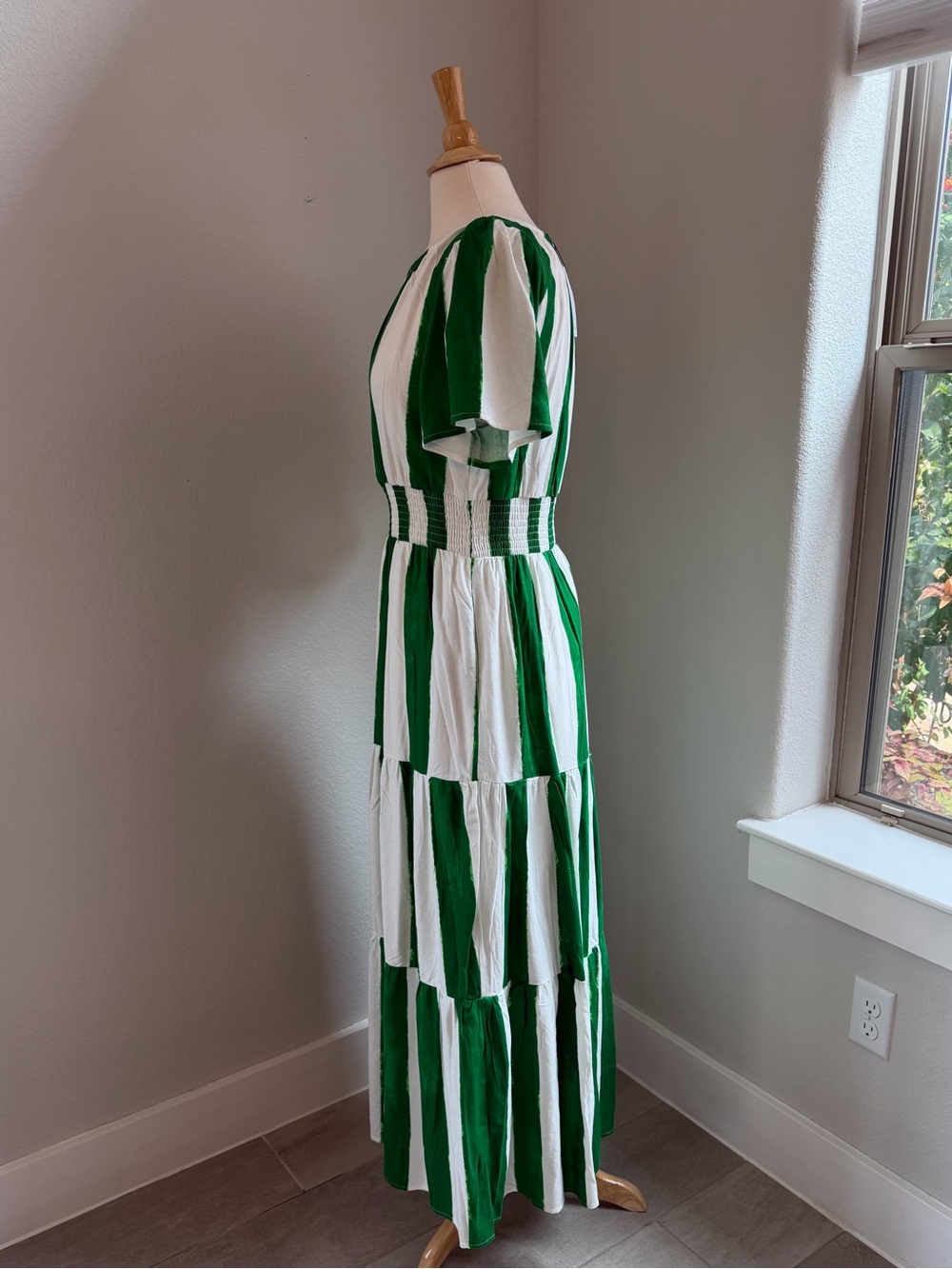 Sugarlips Rony Green/White Smocked Linen Maxi Dress Size M - Picture 3 of 10
